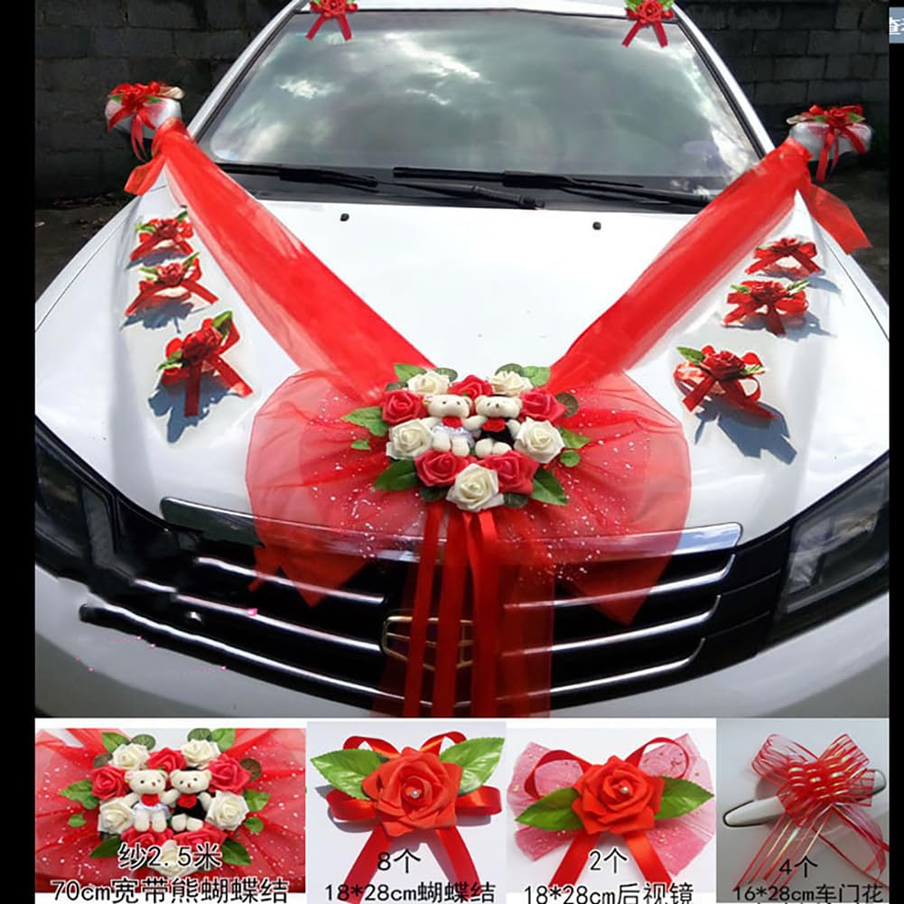 Hochzeit Auto Motorhaube Schmuck mit Rose Tüll und klein-Bär Autoschmuck Romantische Hochzeitsauto Girlande Band Dekoration