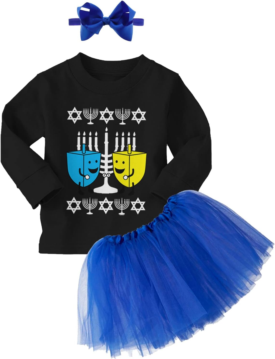 Happy Dreidels - Hanukkah Menorah Lights Baby Bodysuit + Tutu Skirt + Bow Headband Set