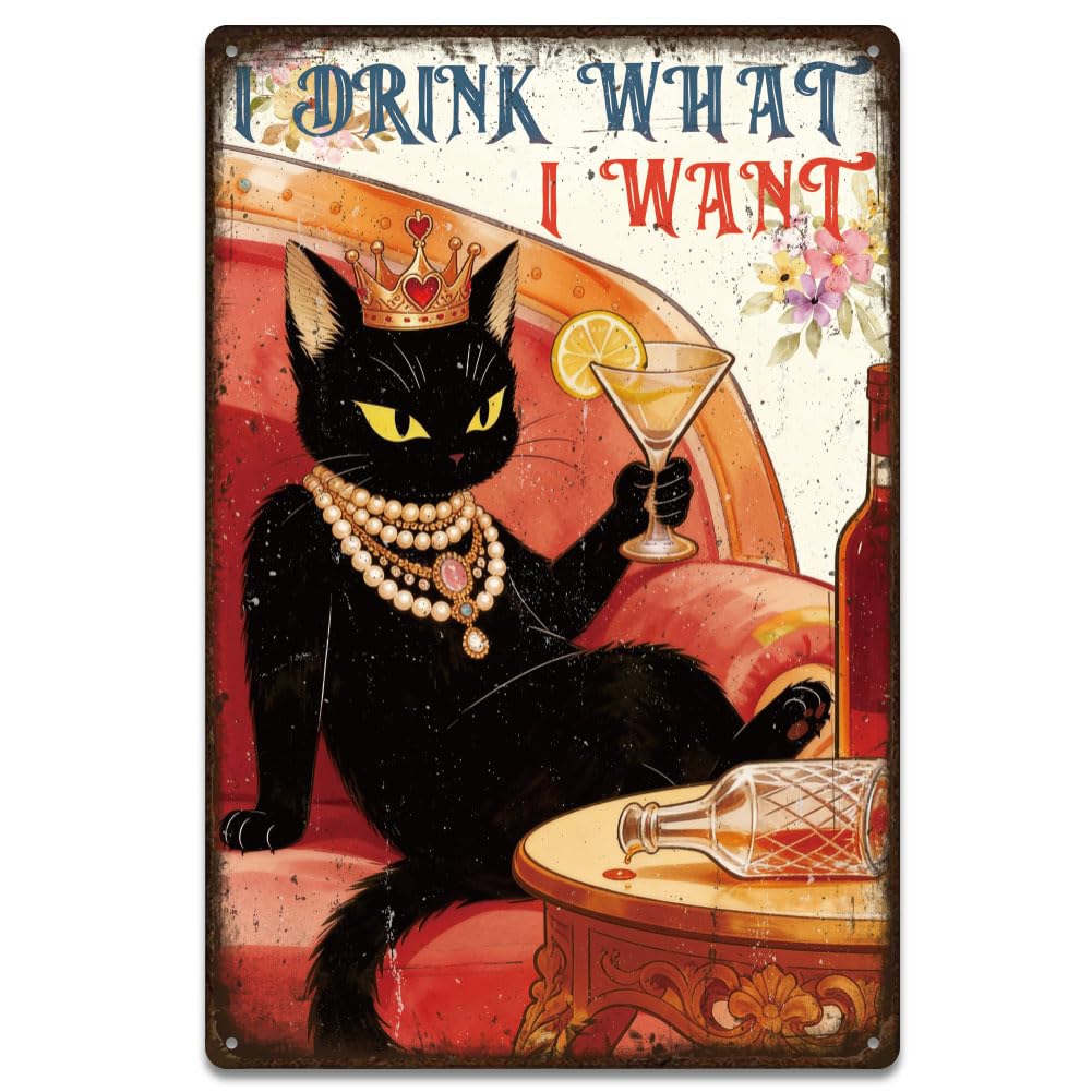SUPERDANT Metal Signs Black Cat Tin Signs Feline Wall Decor Iron Cat Plaque Metal Sign for Bar Cafe Living Room Pre-Drilled Rounded Corners Indoor Outdoor Art Cat Lover Gift 20x30cm