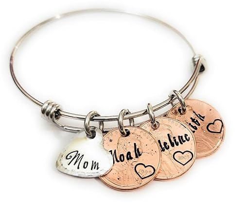 Miniatura 4 de Personalized Stainless Steel Adjustable Bangle Bracelet for Mom Mother's Day Name Jewelry Lucky Penny Charms