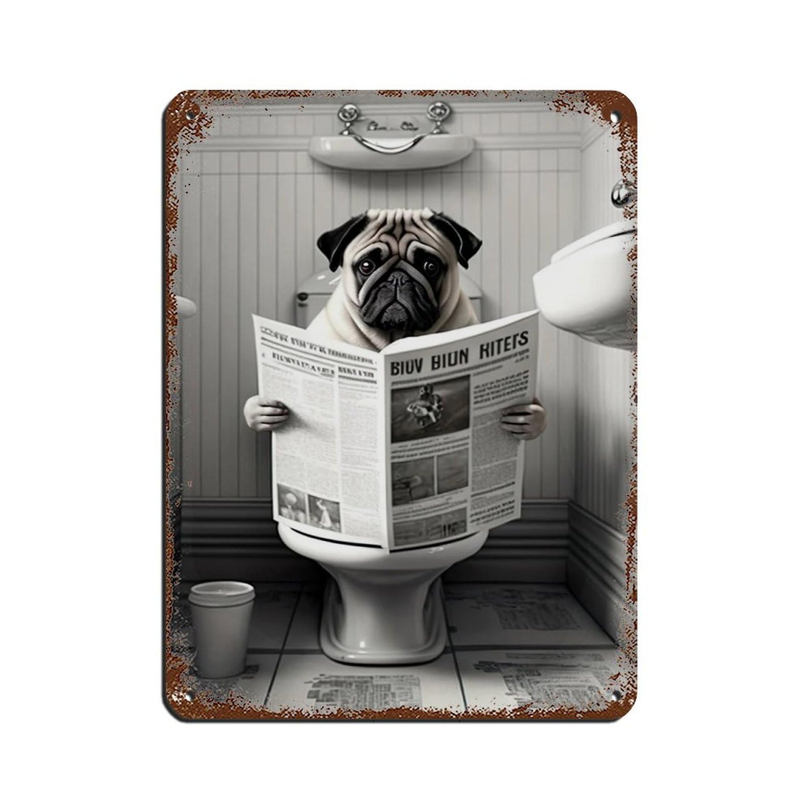 Pug Sitting on The Toilet Reading A Newspaper Tin Sign Vintage Metal Pub Club Cafe Bar Home Wall Art Decoration Poster Retro 12x16inch(30x40cm)