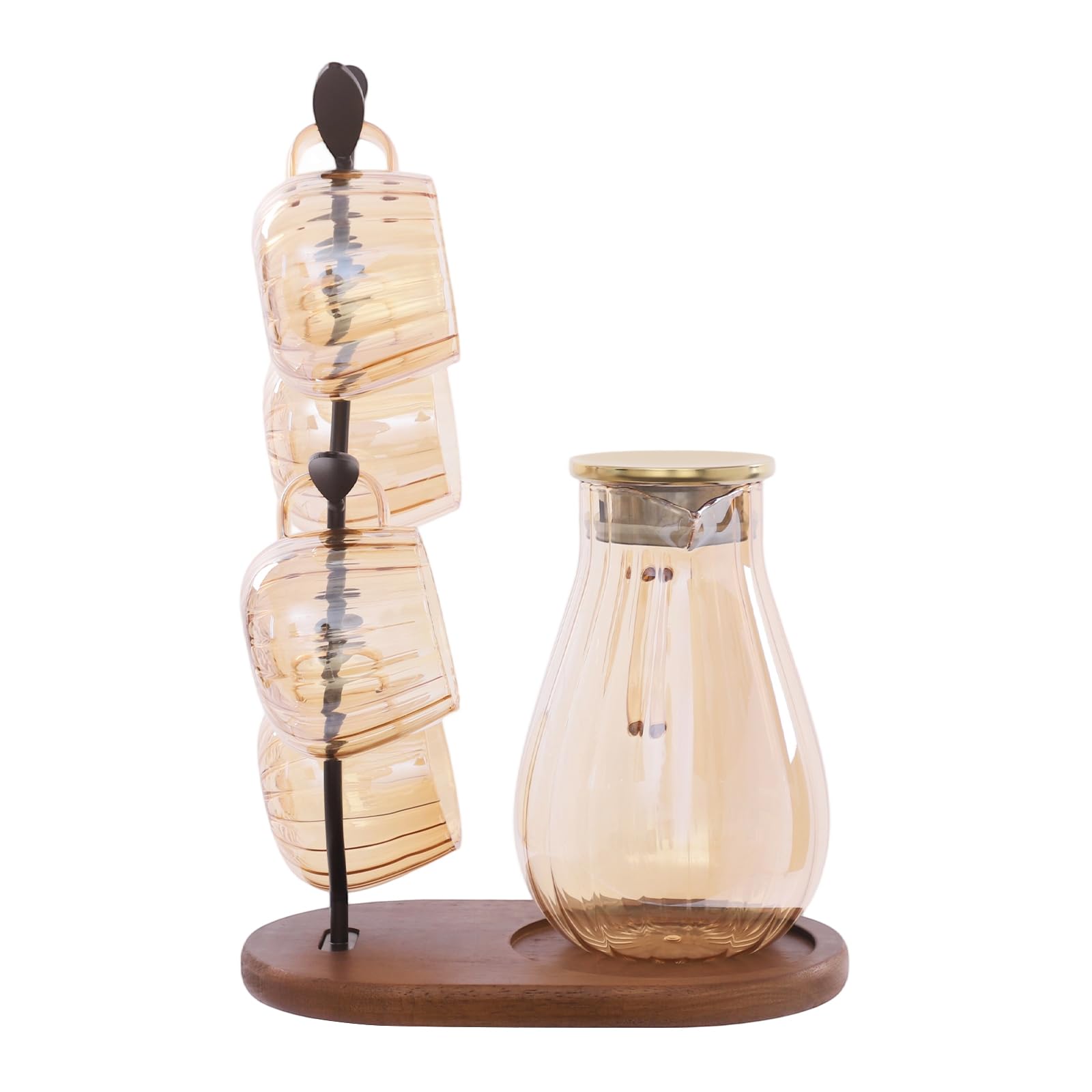 Wasserkaraffe mit Deckel Glaskaraffe mit 4* Tassen & 1 * Rack Klar Glas Karaffe aus Borosilikat & Holz 1,5L