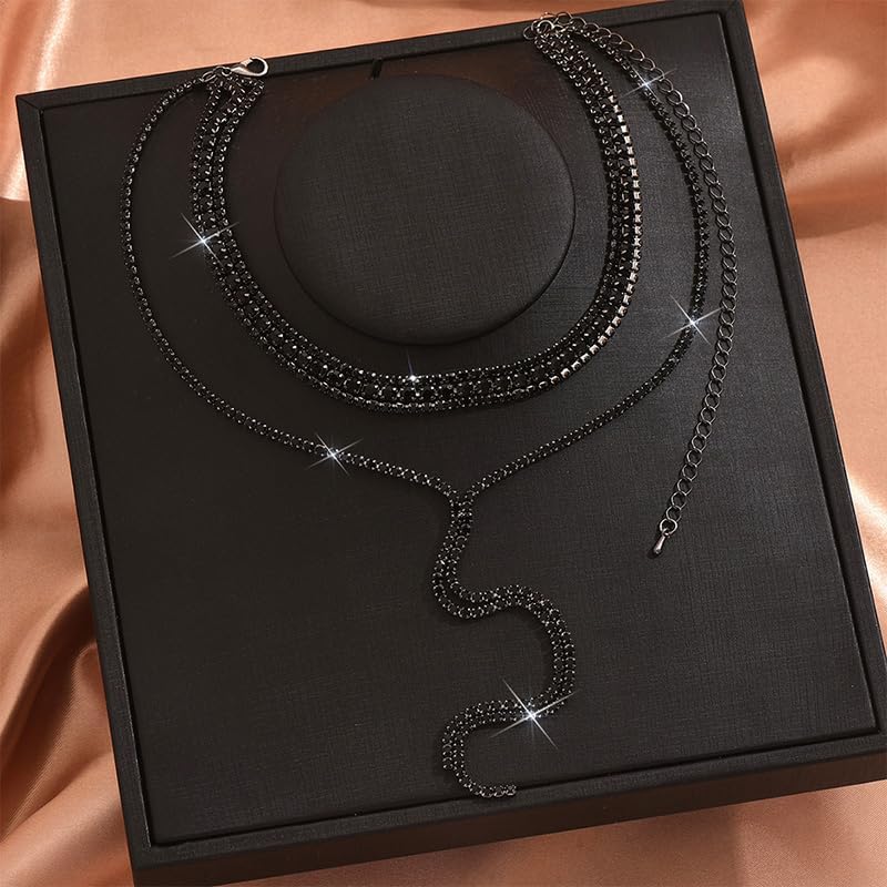 Long Rhinestone Lariat Necklace Silver Black Statement Bling Sparkly Cz Tennis Chain Choker Layered Faux Diamond Y Necklaces Prom Jewelry for Women (Black) - Image 6