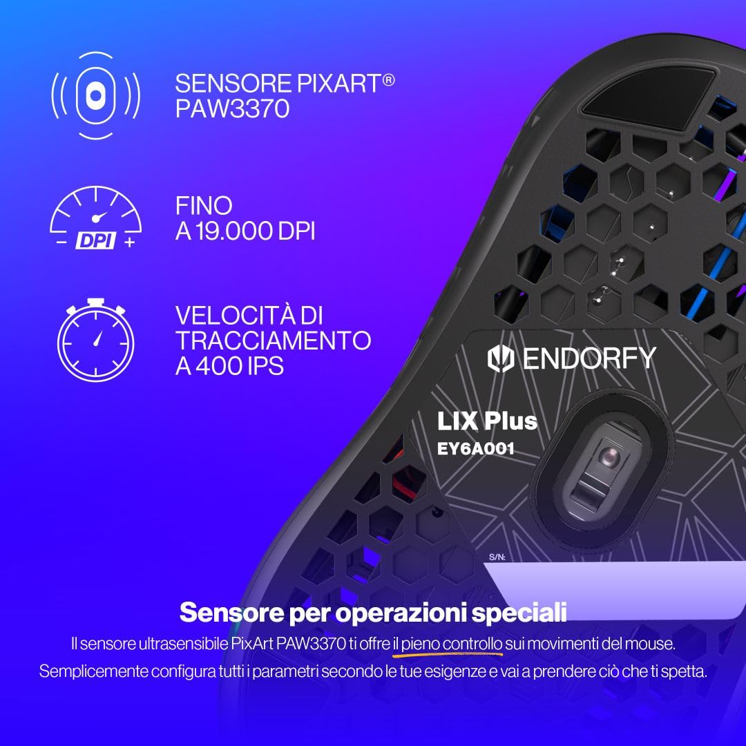 ENDORFY LIX Plus, Mouse da Gaming Leggero (59 g), sensore PixArt PMW3370, 19 000 DPI, Switch Meccanici Kailh GM 8.0 80M, 6 Tasti programmabili, EY6A001