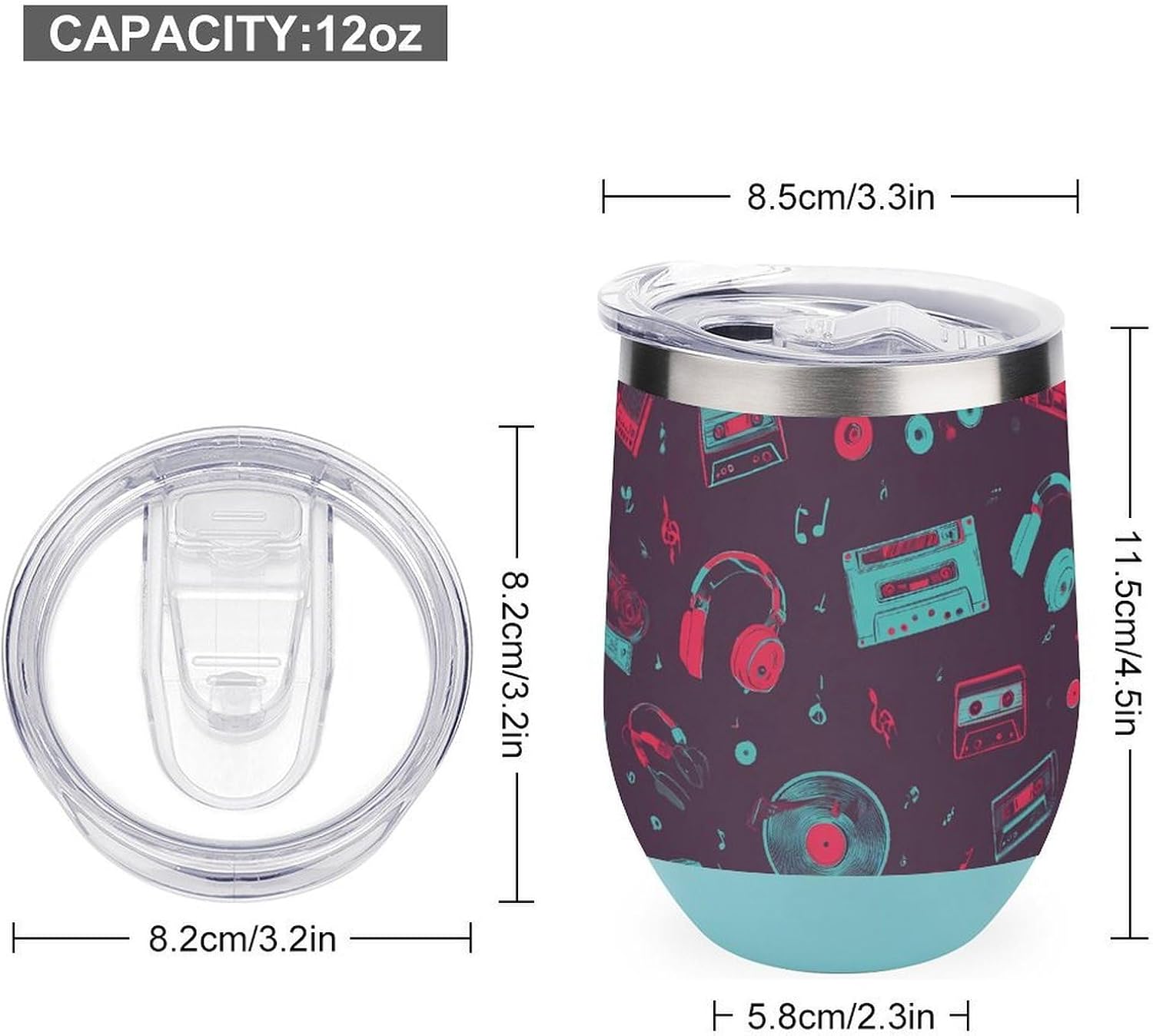 Vinyl Records Musical Notes Cassette Insulated Drinking Cup Stainless Steel Coffee Mug Wine Tumbler with Lid 12OZ