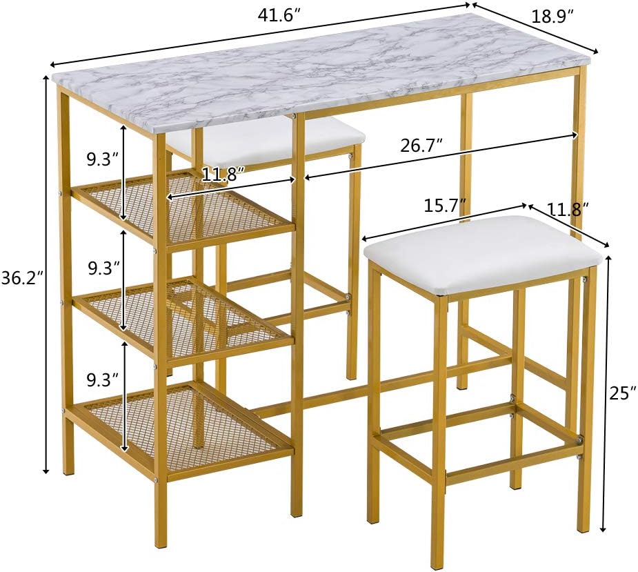 VINGLI 3-Piece Bar Table and Chairs Set,Small Kitchen Table Set for 2,Counter Height Table with Shelves for Kitchen,Bar,Living Room,41.6" L X 18.9" W X 36.2" H (White)