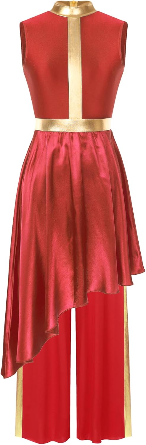 Women Praise Dance Outfit Sleeveless Flowy Asymmetric Dress + Pants Worship Liturgical Dancewear