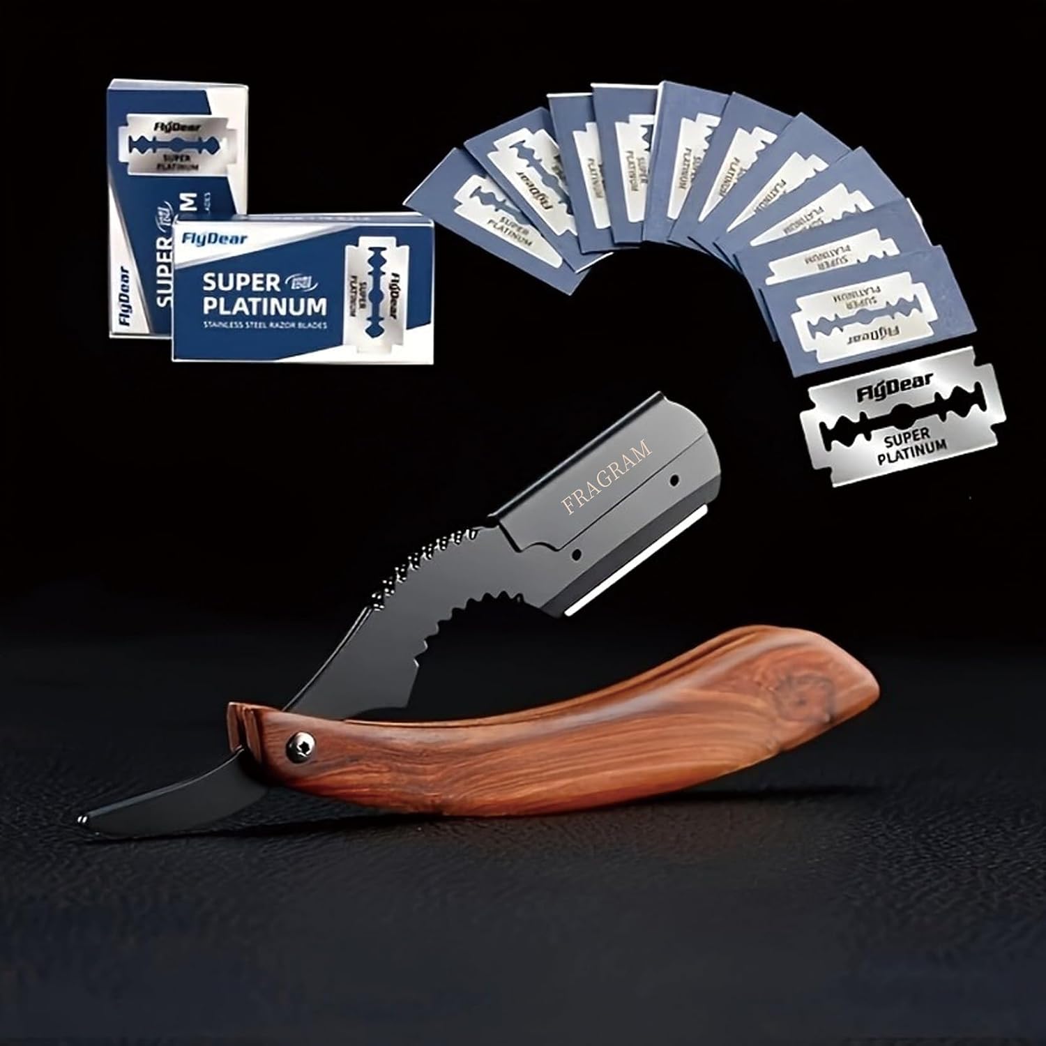 wooden handle manual shaving razor with replacement blade compatible with S23 stainless steel hair clipper, used for shaving razors (Solid wood razor holder+storage bag+blade 10 pieces）