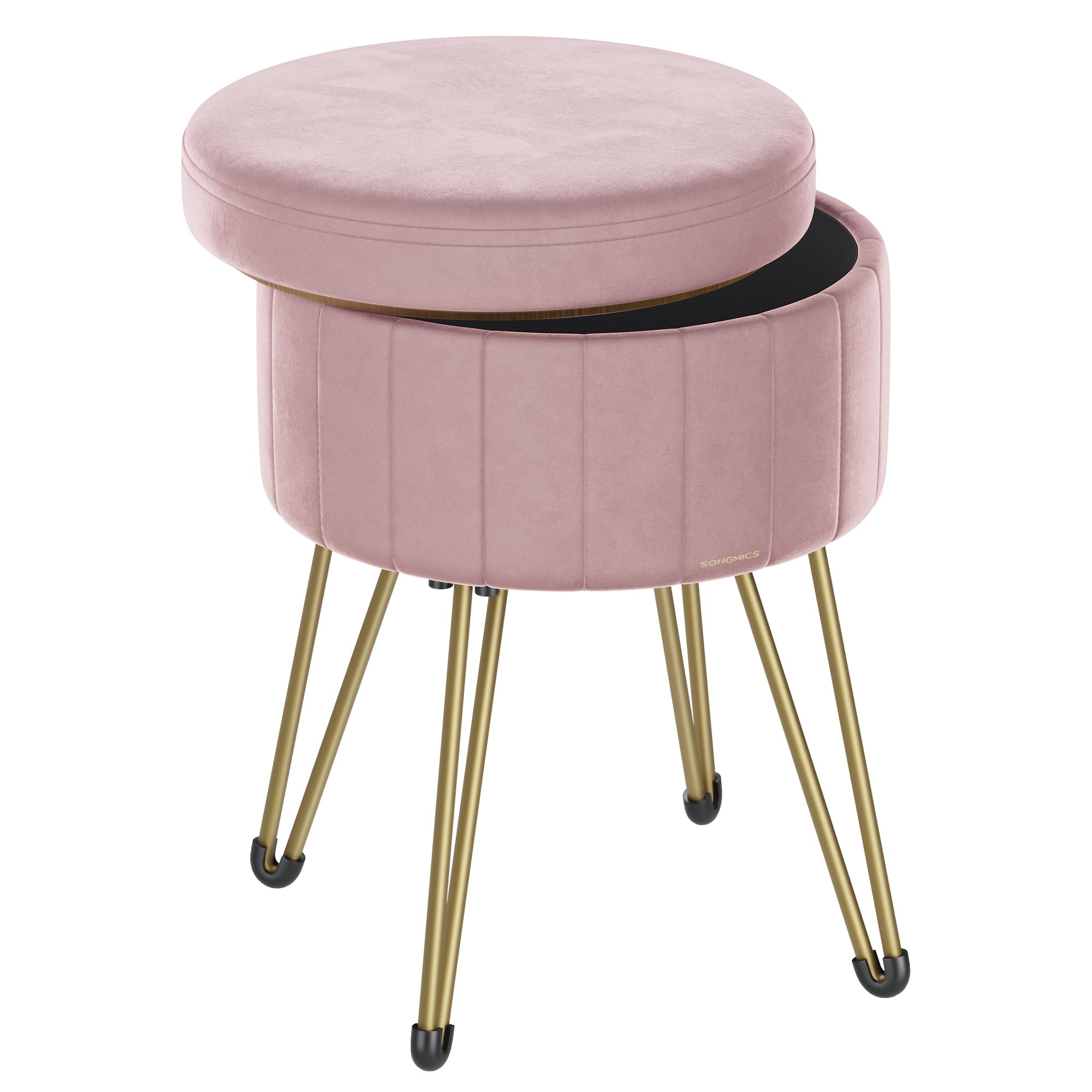 SONGMICS Storage Ottoman, Velvet Dressing Table Stool, 39 x 44.4 cm (Dia. x H), Round Storage Stool Seat, 4 Metal Legs, for Dressing Room, Living Room, Bedroom, Jelly Pink LOM003R51