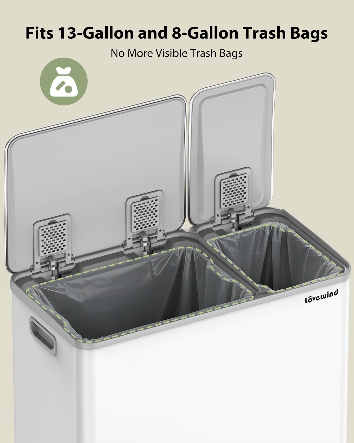 Dual Trash and Recycling Bins for Kitchen, 13.2 + 5.2 Gal (50+20L) Stainless Steel Trash and Recycle Bin Combo with Soft-Close Lid, Large Garbage Cans for Kitchen Home with 2 Magnets Sticker, White