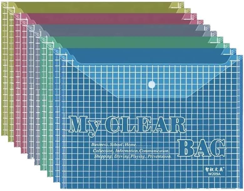 MOMENT 12 Pack Plastic Envelopes A4 Size File Folder with Button Snap Closure for Documents Reusable Clear file folders Plastic File Bag Poly Filling Envelopes A4 Size (Assorted-New)