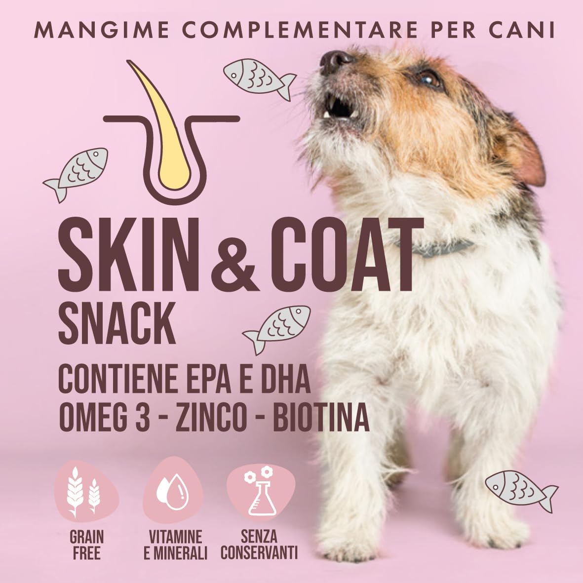 Marty & Co - Skin & Coat Snack - Snack Per il pelo e la cute del cane,Pelo Lucido e Cute Sana - per Cane e Gatto - Con EPA, DHA, Omega 3, Zinco, Biotina, Vitamine e Minerali - Grain Free - gr 80