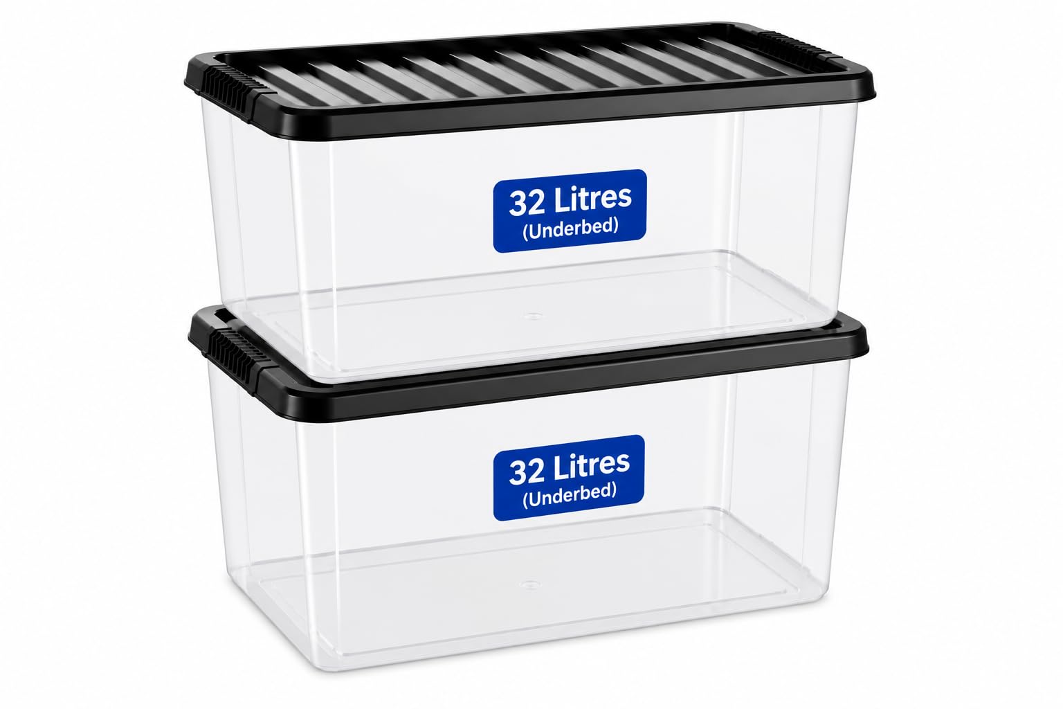KAPCO 2 X 32 Litre Under Bed Storage Boxes with Black Lids, Clear Plastic Stackable Storage Containers, 57 x 39 x 19 cm, Underbed Storage Tubs for Clothes, Bedding, Shoes & Home Organisation, Office
