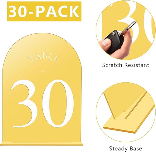 Miniatura 52 de JOYIT Números de mesa de boda de arco del 1 al 30 con soportes: letreros acrílicos impresos de doble cara de 5 x 7 pulgadas con fondo negro y texto