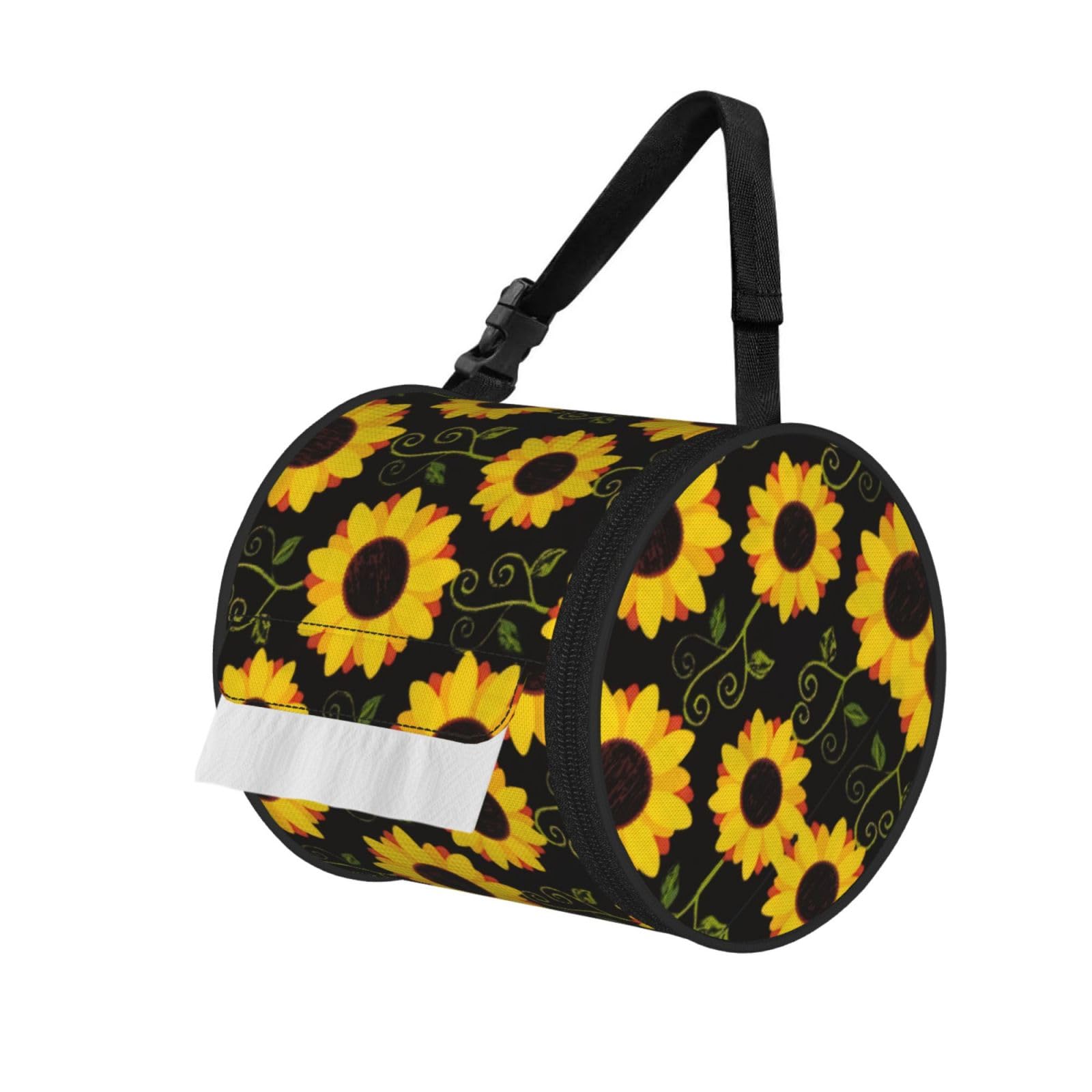 Floral Sunflower Print Cylinder Tissue Holder Bag With Strap, Portable Roll Dispenser Case For Car Rv Camping