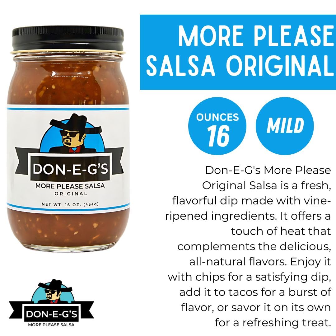 Don-E-G's "More Please" Original Salsa - Authentic Irresistible Homemade Taste, Made with a Secret Family Recipe, Made in Arkansas, 16 oz (2 Pack)