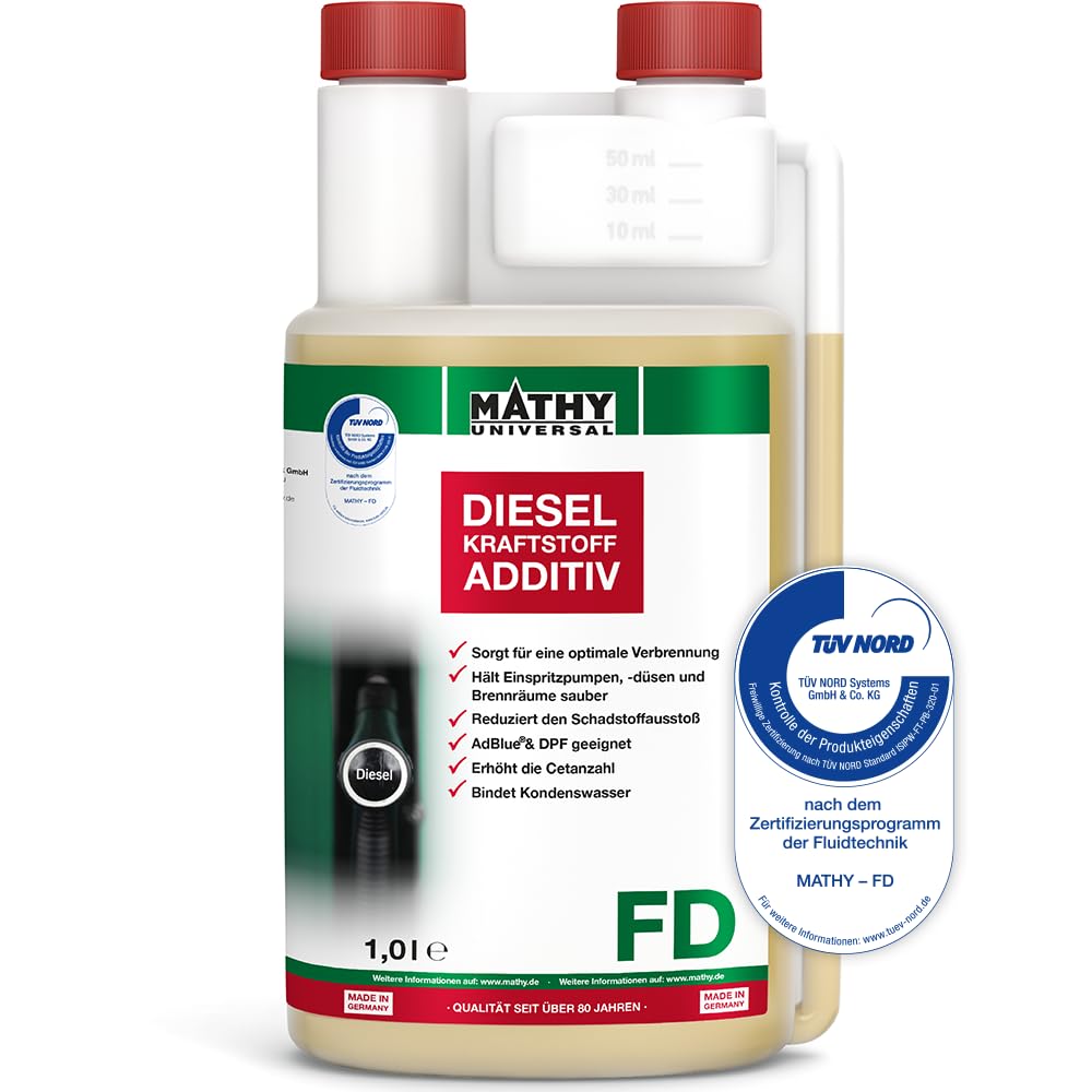 MATHY-FD Diesel-Pflege-Kraftstoffadditiv, 5 x 1 l, Additiv Systemreiniger | Dieseladditiv & Kraftstoffstabilisator, Hochkonzentrierte Reinigung für Dieselmotor, Reiniger bei jeder Tankfüllung