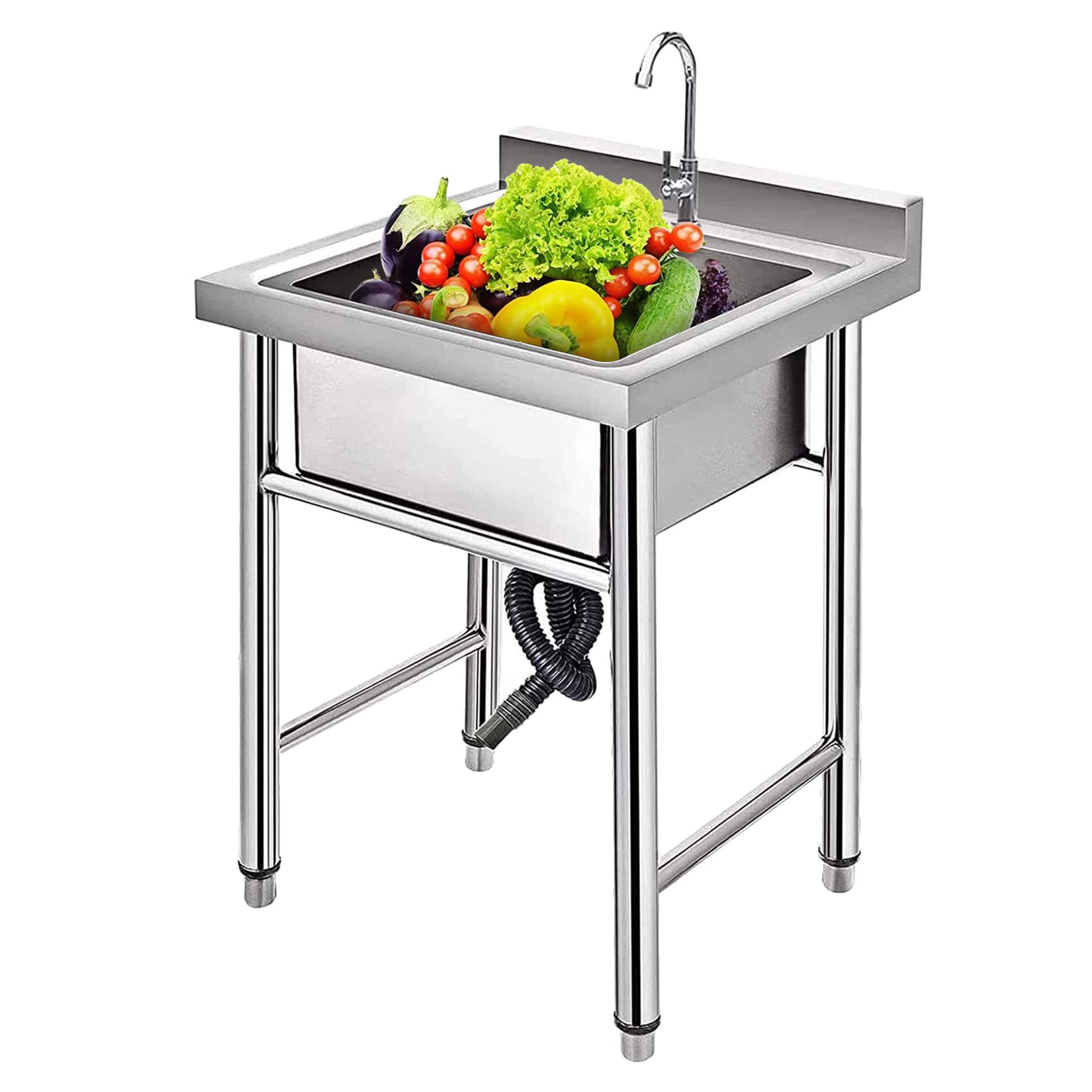 ZTCHSENZT Sink,Kitchen Utility Sink,Single Bowl 304 Stainless Steel Utility Sink, 1 Compartment Commercial Kitchen Sink with Faucet, for Restaurant, Laundry Room, Backyard, Garages