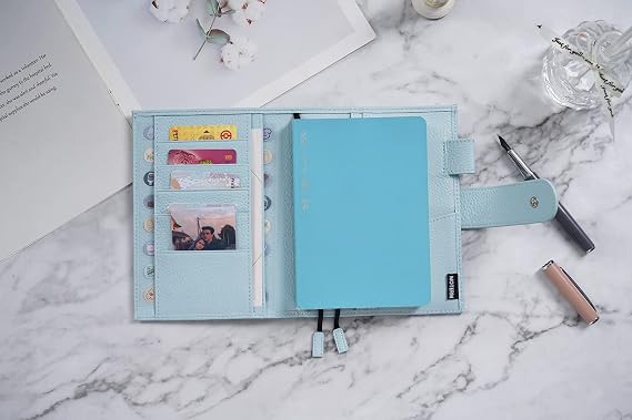 Moterm Leather Cover for A6 Notebooks - Fits Hobonichi Original, Stalogy and Midori MD Planners, with Pen Loop, Card Slots and Back Pocket (Pebbled-Light Blue, A6+)