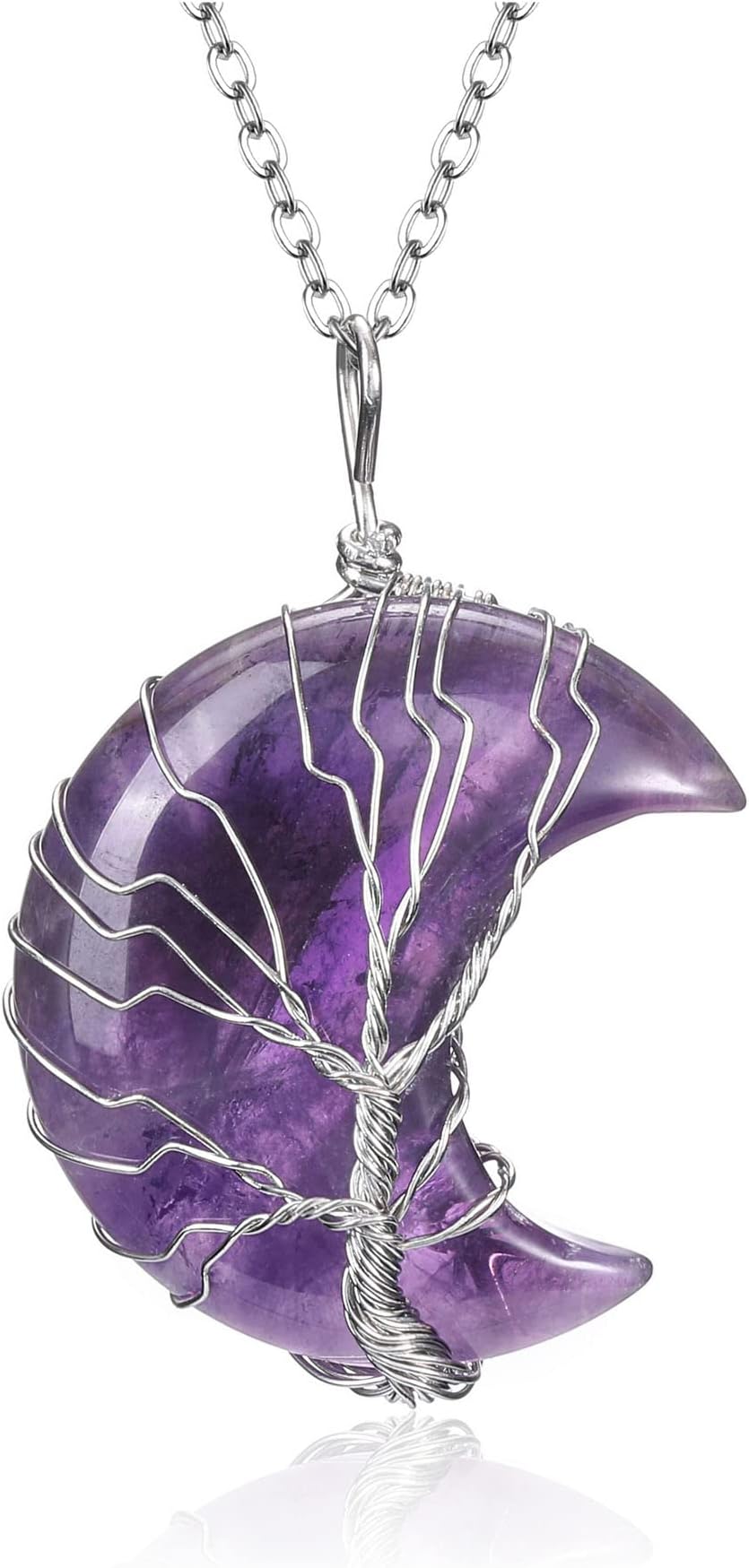 Amethyst Crystal Tree of Life Wire Wrapped Moon Quartz Gemstone Pendant Necklace