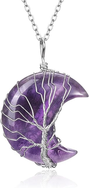 JSDDE Natural Amethyst Crystals Stone Necklace Healing Crystal Tree of Life Wire Wrapped Moon Quartz Gemstone Pendant Necklace Jewelry Christmas Gift