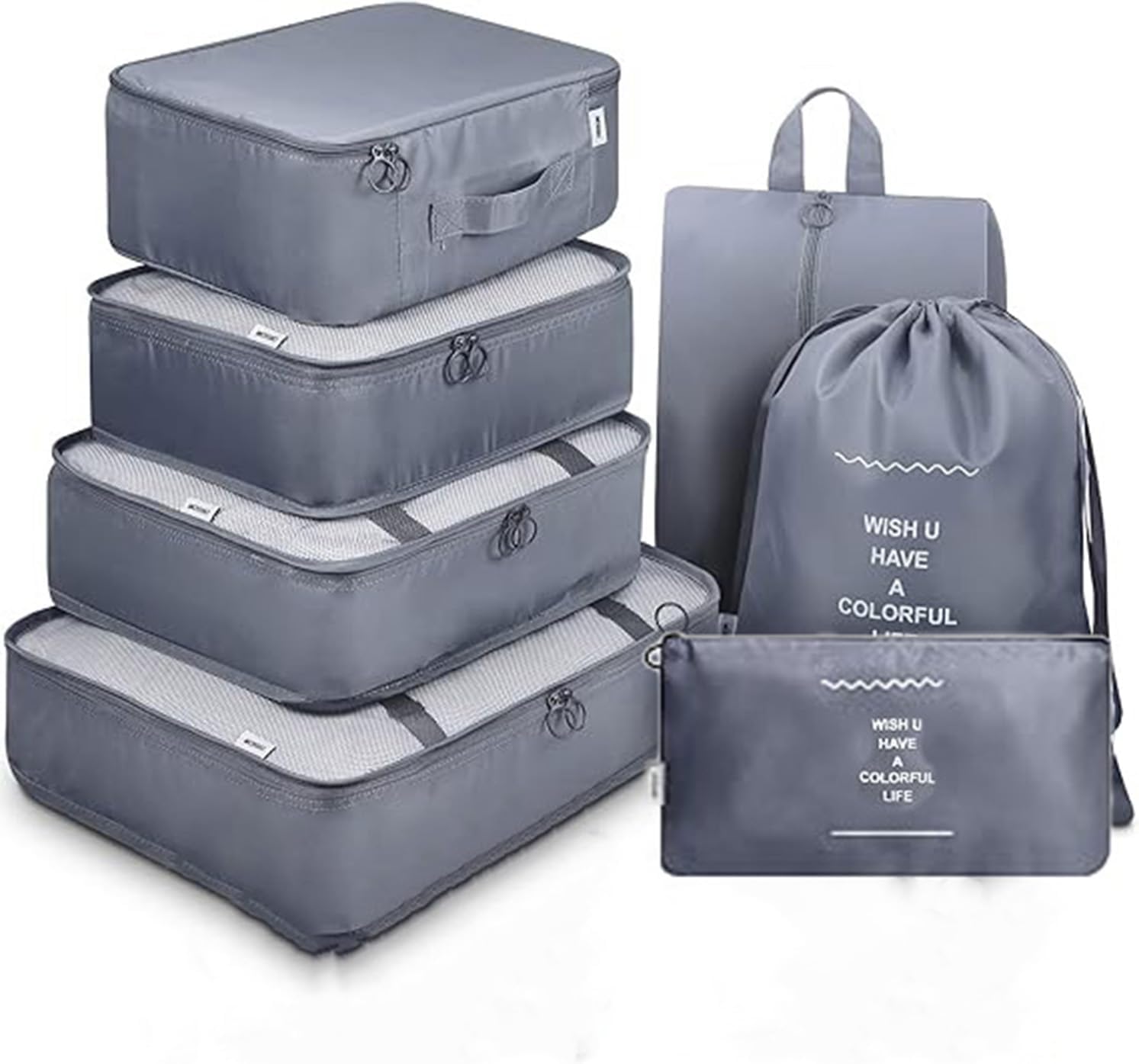 AVENUX 7pcs Set Travel Organizer Packing Cubes Lightweight Travel Luggage Organizers with Laundry Bag or Toiletry Bag Laundry Organiser (Grey, 7 PCS)