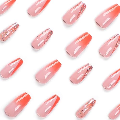 Miniatura 3 de Uñas postizas a presión de color rosa con punta francesa de ataúd MABKJLF de cobertura completa, degradadas, uñas postizas brillantes con diseños de