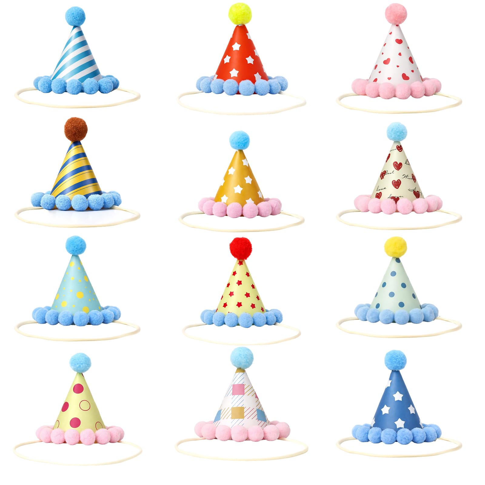 KxrTpx Mini Party Hats for Teddys, 12-Piece Set of Small Party Hats for Toy Animals, Perfect for Birthday Celebrations and Photo Sessions, Dimensions 8 by 8.5 cm