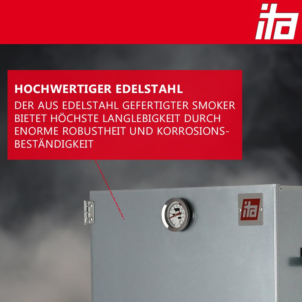 ITA Räucherofen 7005 - Premium Räucherschrank aus Edelstahl mit 3 Etagen 81 cm - Qualität Made In EU - Direkt vom Hersteller - Smoker zum Kalträuchern & Heißräuchern - Für bis zu 7kg Fleisch
