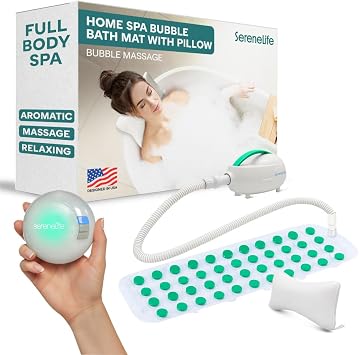 SereneLife Bubble Bath Mat - Portable Spa Bubble Bath Massager with Waterproof Bath Light & Pillow, Adjustable Bubble Intensity, Easy Button Control, Remote Control