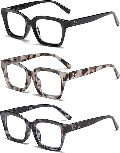 Miniatura 2 de Paquete de 3 lentes de lectura de diseño cuadrado de gran tamaño para mujer, bloqueo de luz azul, lector de computadora (negro, leopardo gris y