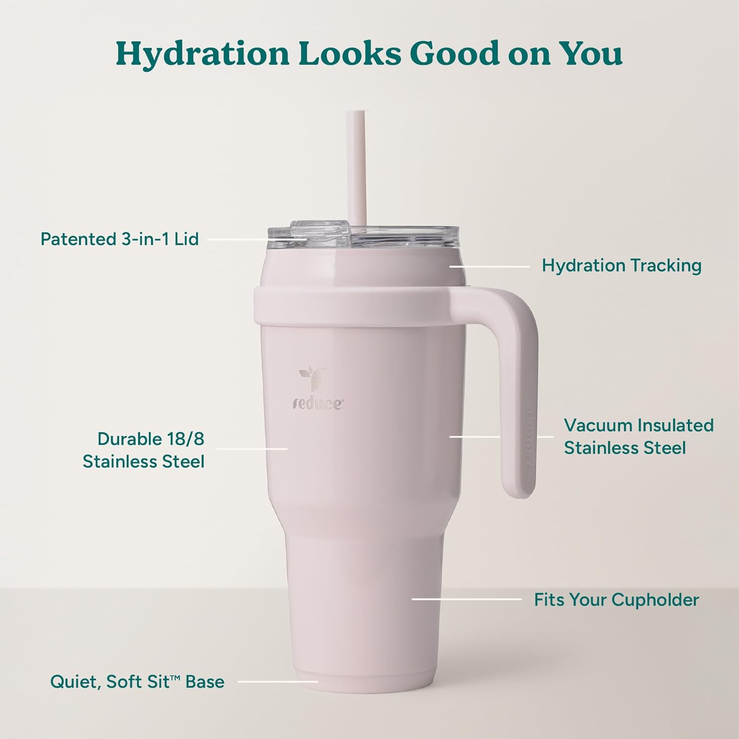 REDUCE Cold1 40 oz Tumbler with Handle - Vacuum Insulated Stainless Steel Water Bottle for Home, Office or Car, Reusable Mug with Straw or Leakproof Flip Lid, Keeps Drinks Cold All Day- Gloss Cotton - Image 4