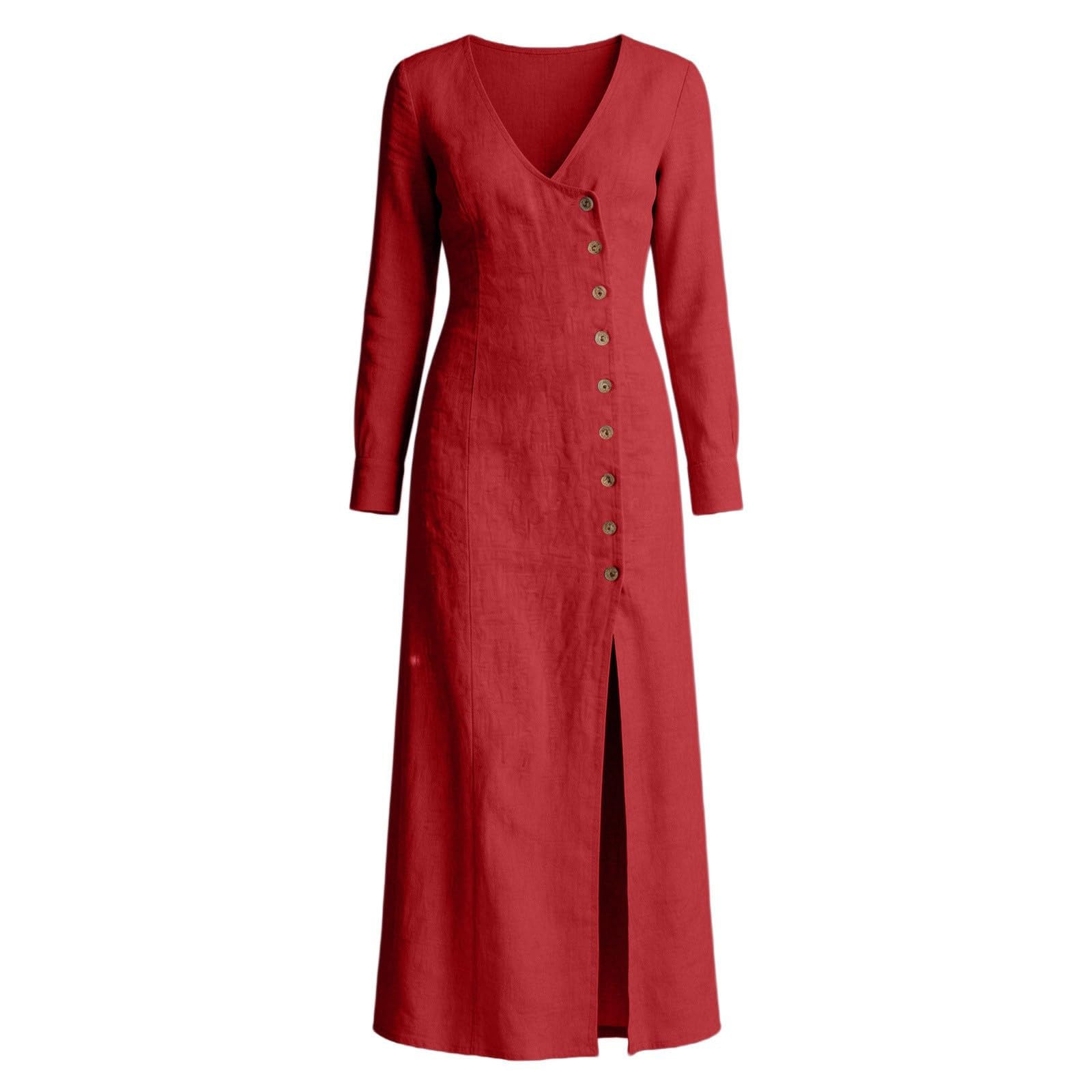 Abito in Lino Donna Abito da Donna in Cotone e Lino con Scollo a V, Bottoni, Maniche Lunghe, Ampio e svolazzante, Perfetto per L'Estate, Stile Boho, con Spacco Laterale, Vestito Estivo Elegante