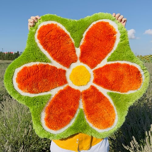 Beyond Deco Flower Rug 35 inches, Hand Tufted Fluffy Aesthetic Cool Green Bathroom Rug, Cute Bedroom Decor Area Rugs, Y2K Circle Green Bath Mat