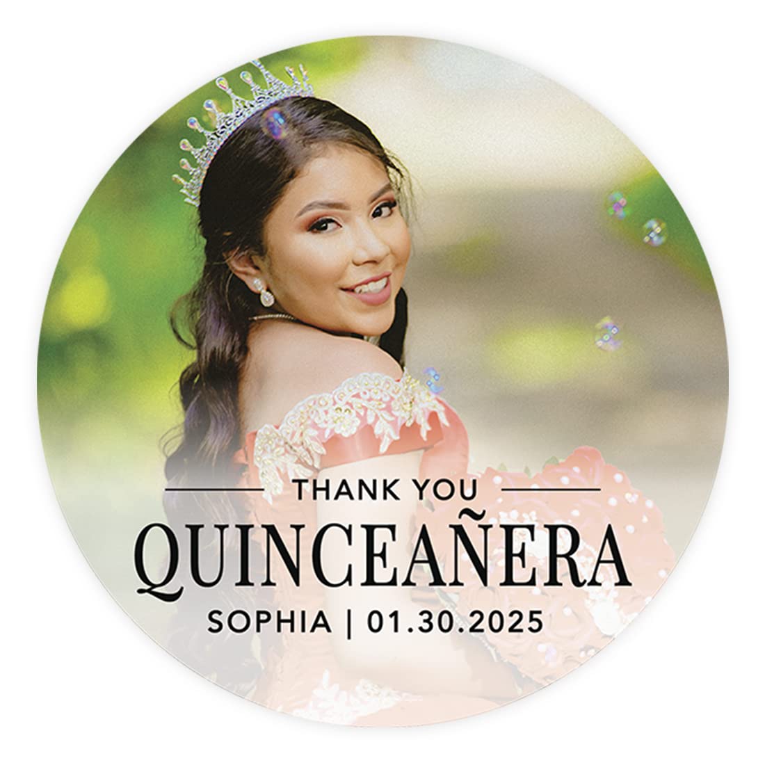 Andaz Press 40-Pack Personalized 2" Round Circle Quinceañera Labels, Thank You Sticker Labels with Custom Photo for Mis Quince Favors, Invitations, XV