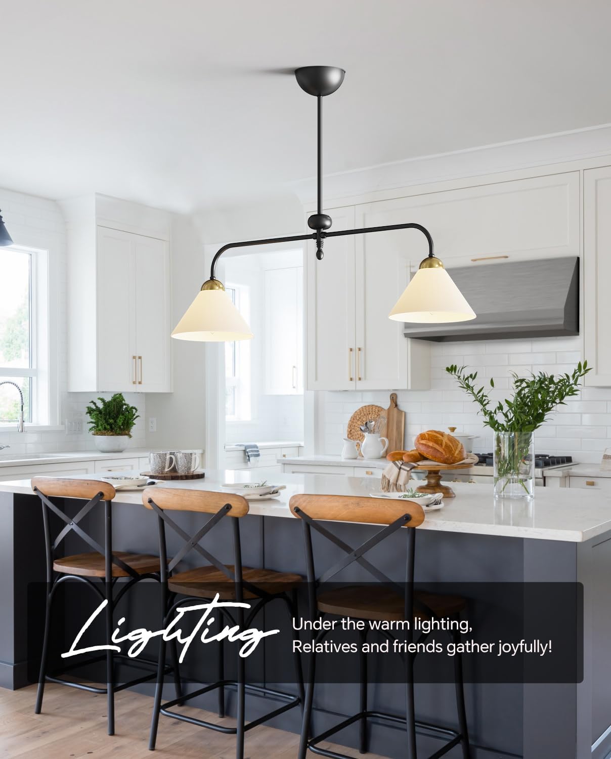 Linear Chandelier, Modern Chandelier for Dining Room Light Fixture, Dining Light Fixtures with Milk Glass Shade Pendant Lights Kitchen Island for Restaurant, Living Room (Black, 2-Lights)