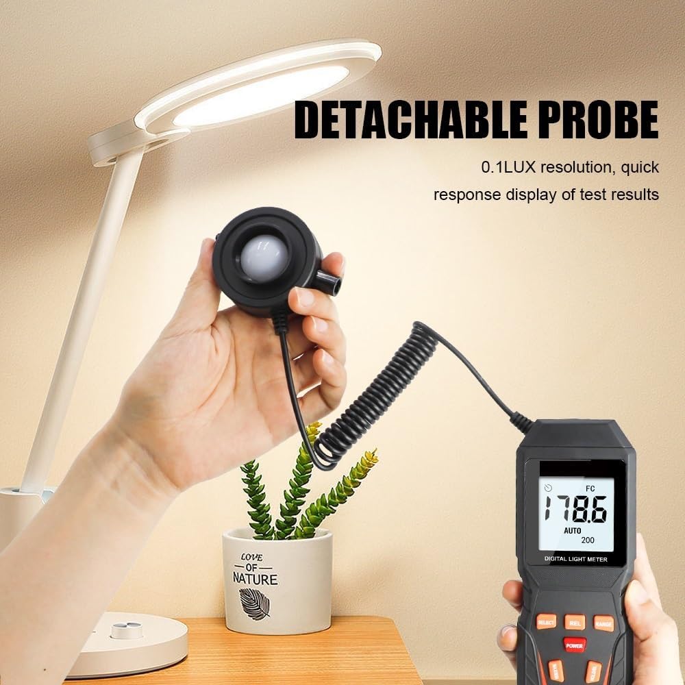 Lux Meter Digital Light Meter Max 200,000Lux Luxmeter Luminance Lux Fc Test Illuminometers Photometer Auto LCD Illuminometer Large Measuring Range and High Precision