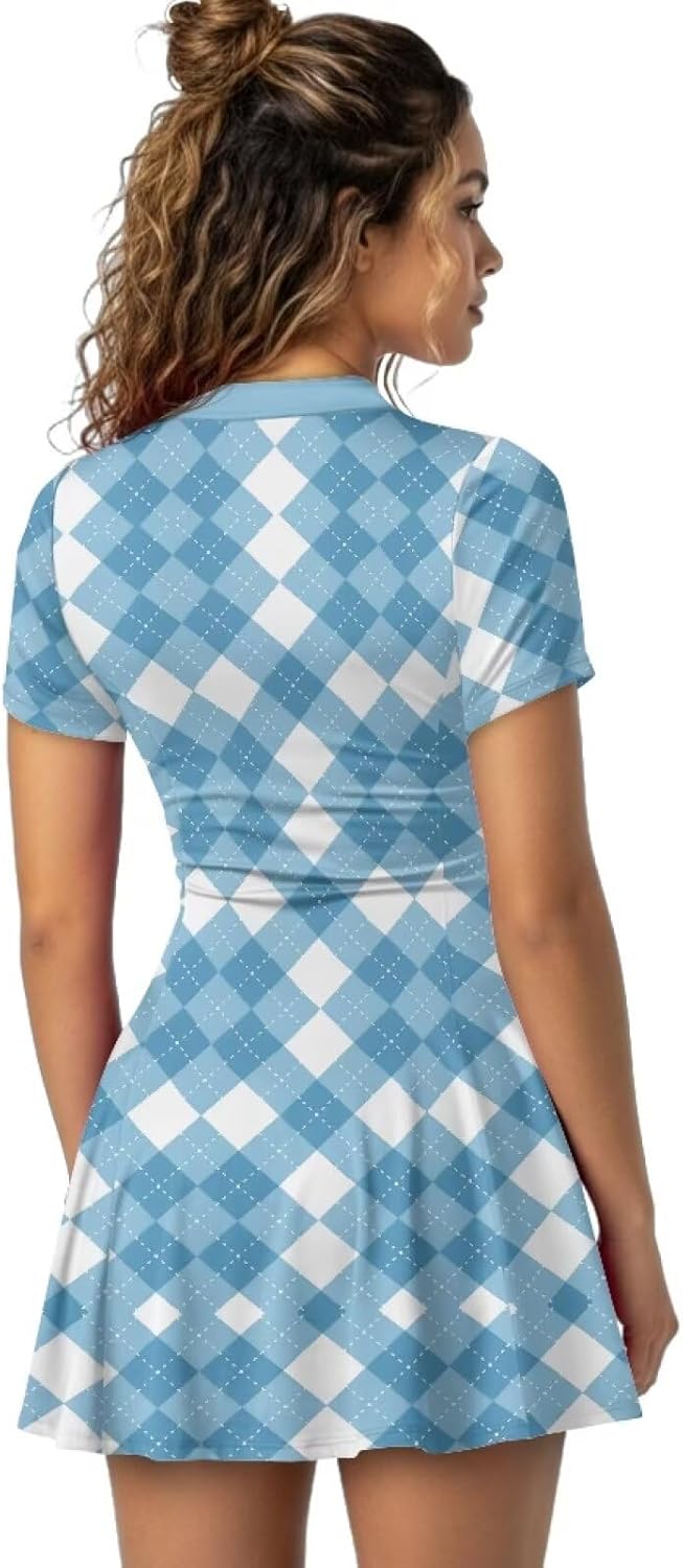 Women Short Sleeve Golf Tennis Dresses with Inner Shorts Pockets for Polo Zipper Neck Athletic Golf Skirt 2 Piece