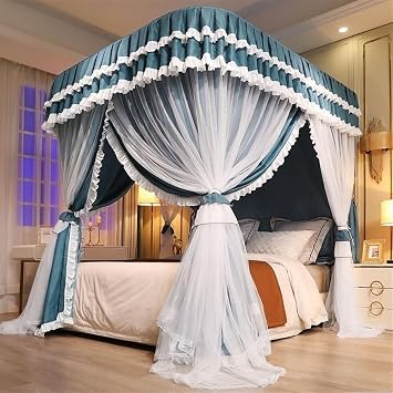 Solid Double Layer Canopy Bed Curtains, Bed Canopy Set with Ruffle, Netting 4 Opening Mosquito Net, U-Shaped Frame for Adults Bedroom Decoration