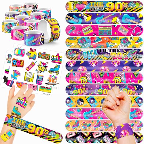 72PCS 80s, 90s Party Set - 48PCS Temporary Tattoos & 24PCS Slap Bracelets - Retro-Themed Birthday Supplies, Baby Shower Gifts, Classroom Rewards & Party Decor for Kids (Boys & Girls)