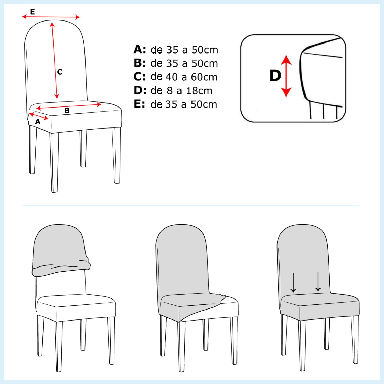 Banzaii Fundas para Sillas de Comedor Elásticas, Antimanchas con Respaldo Redondo – Cubiertas para Sillas de Comedor Hotel Restuarante Ajustables Lavables Made in Italy – 6 Piezas, Azul Claro