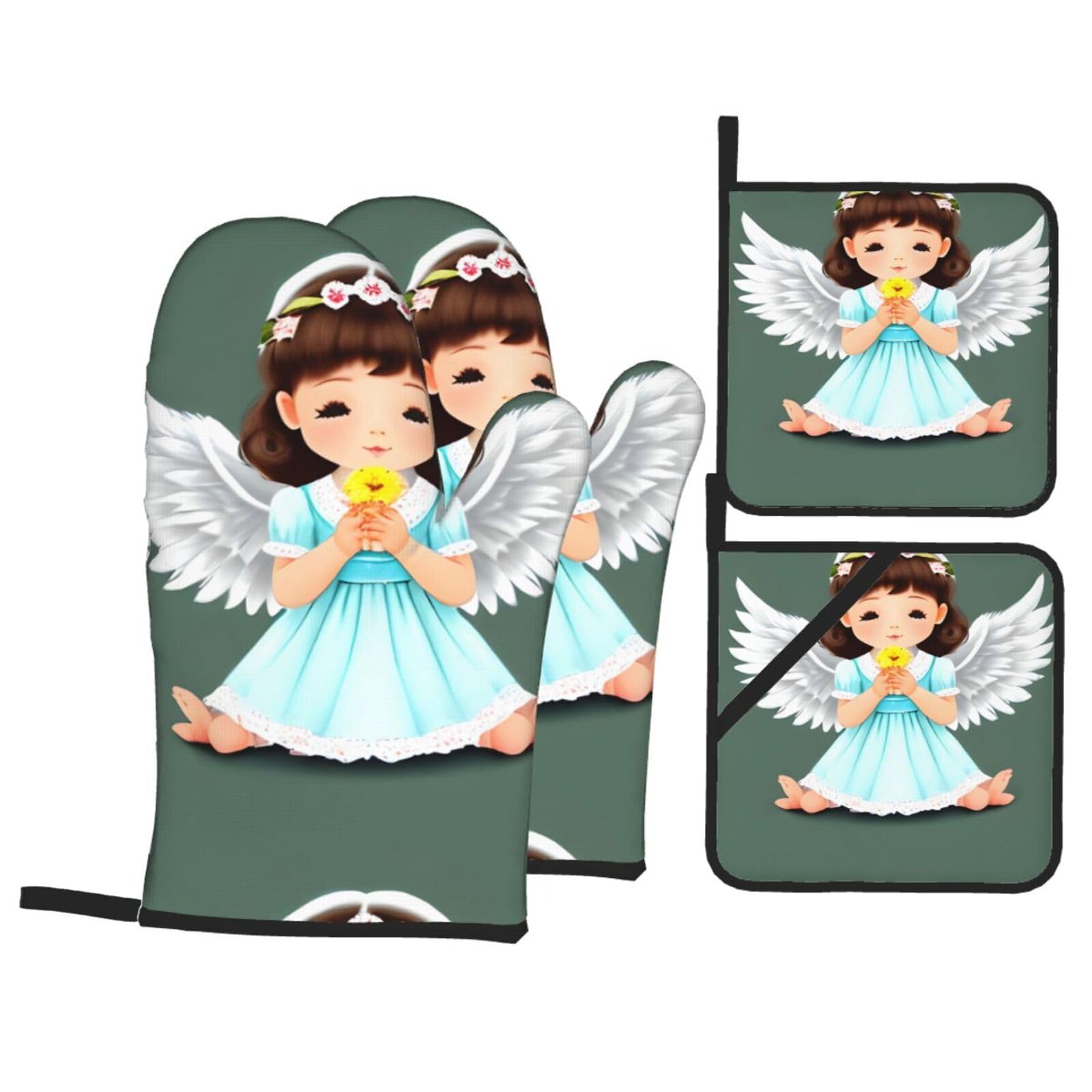 HJFCZH Cute little angel Prints Kitchen Throw Set: Durable Oven Layers with Waterproof Polyester – 4 Piece Heat Protection System