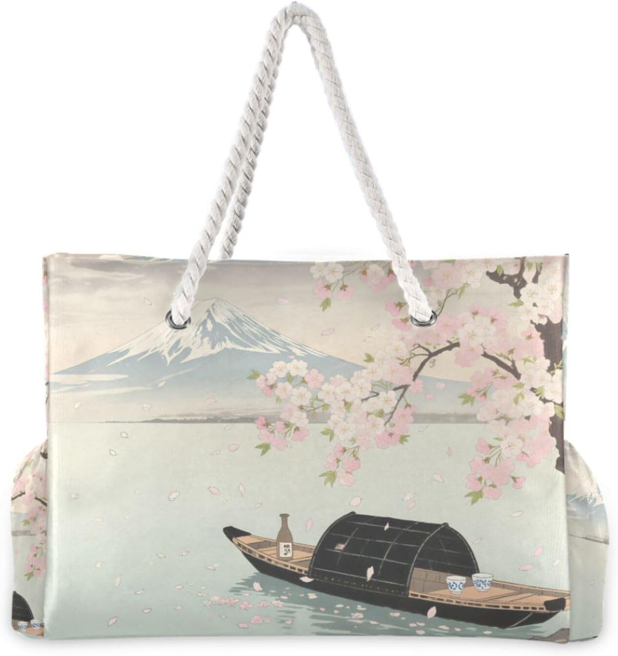 OTVEE Cherry Blossoms and Small Boats Beach Bags for Women Ladies Large Canvas Tote Shoulder Bag Waterproof Travel Bags for Gym Swim Pool Camping