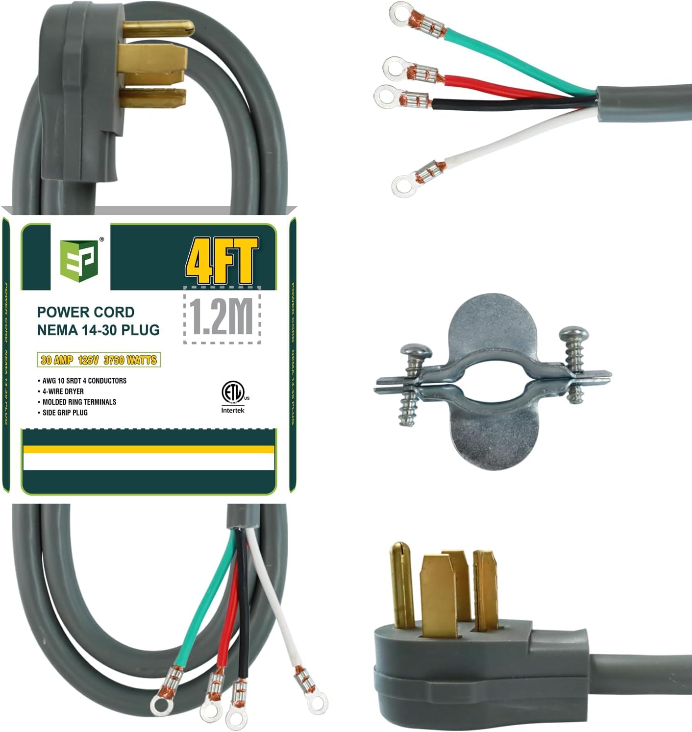 EP 4 Prong Dryer Cord, 4 ft 10/4 SRDT, 30Amp Appliance Extension Power Cord, NEMA 14-30, Grey