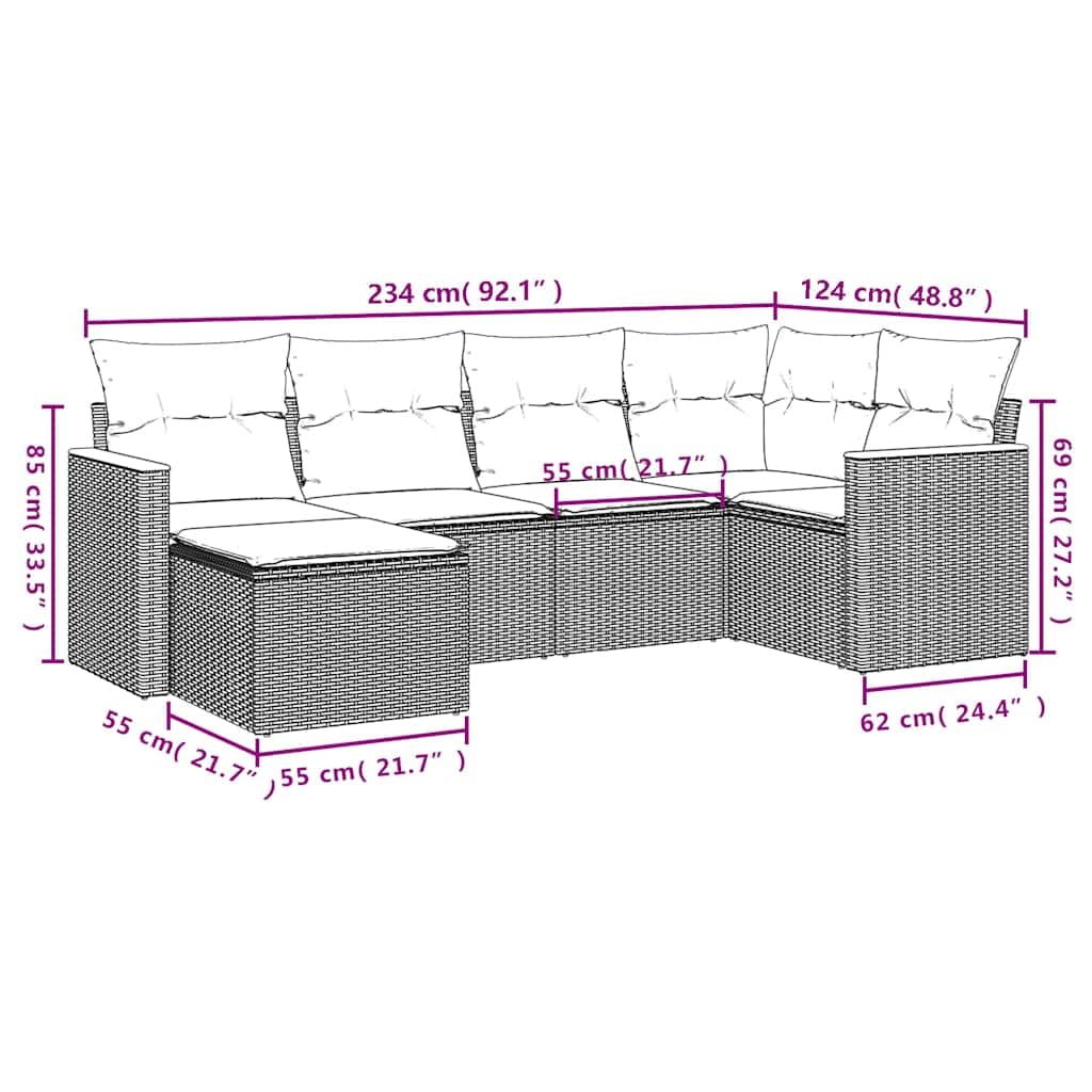 Set di mobili da giardino modulari in polyrattan nero, 6 pezzi, con cuscini e vano portaoggetti