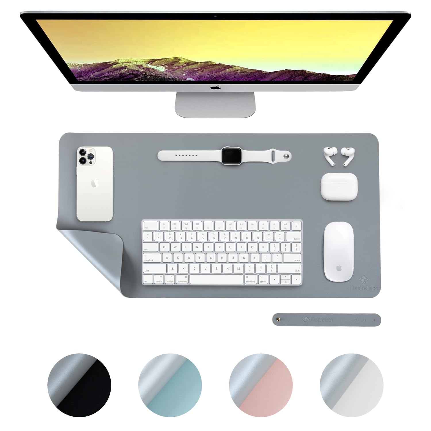 DesireTech Reversible Small Office Desk Mat- Dual-Sided Desk Mat, Waterproof Faux Leather Table Surface Protector Desk- Laptop Mat & Mouse Pad (Grey/Silver, Small (35 x 60cm)