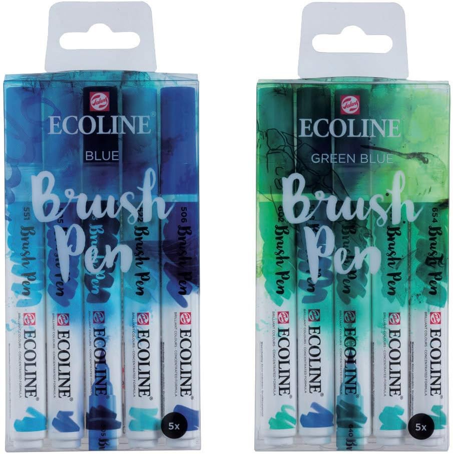EcoLine Liquid Watercolor Brush Pens, 10 total markers– Blue and Green Blue Sets (11509905 + 11509909)