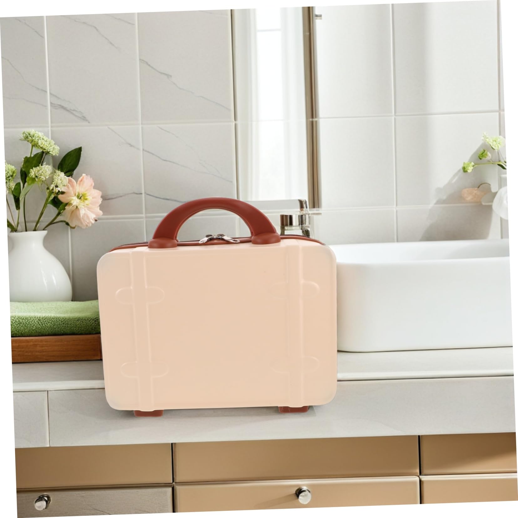 Maleta de Maquillaje Retro de Mano 14 Pulgadas Abs Beige | Interior Varios Compartimentos, para Viaje y Uso Diario, Diseño Vintage Inspirado