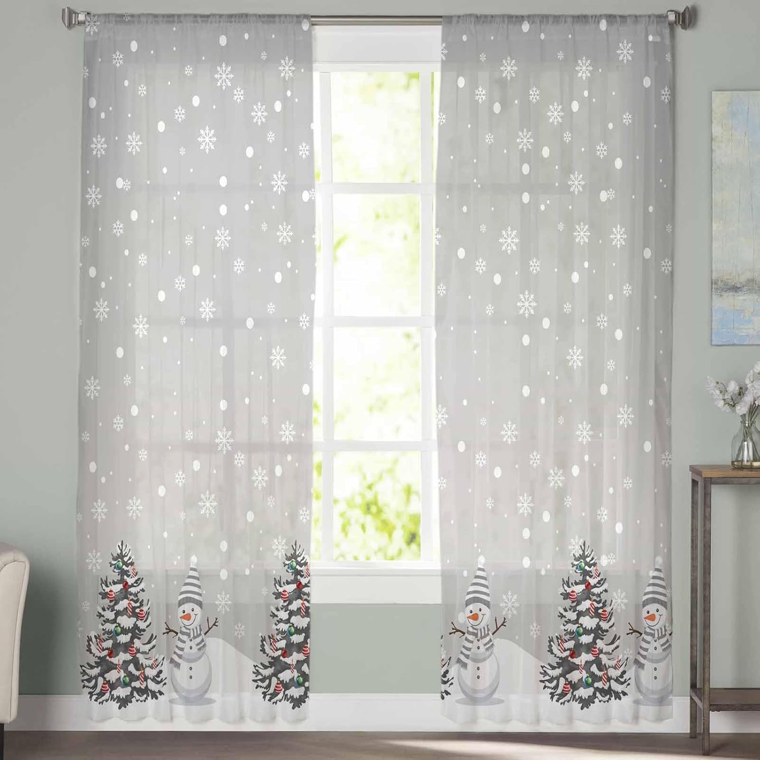 Grey Snowman Christmas Sheer Curtains 72 Inches Length 2 Panels Set, Xmas Tree Bedroom Curtain Drapes, Winter Snowflake Semi Curtain Sheers for Living Room/Cafe, Rod Pocket Voile Window Treatment