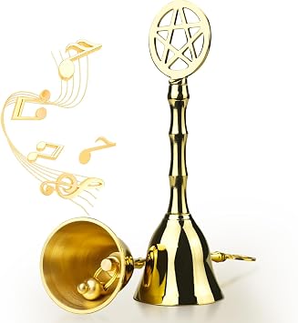 Brass Small Hand Bell, 4.92" H Pentagram Handbells, Decorative Dinner Altar Bell for Witch Wiccan Inspired Meditation Ritual Pagan, Clear Negative Energies